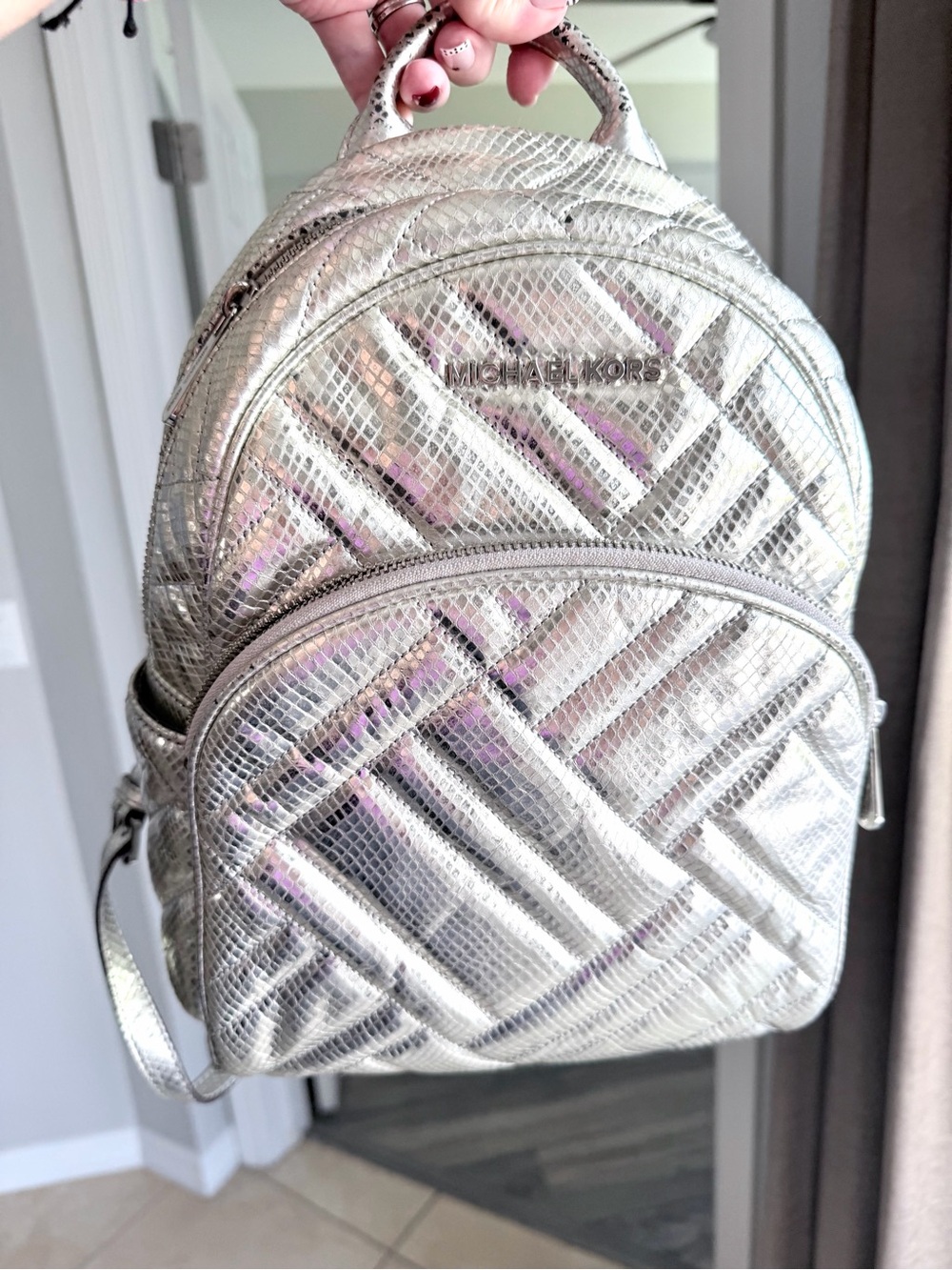 Michael Kors Abbey Metallic Silver Quilted medium Backpack with disco ball look